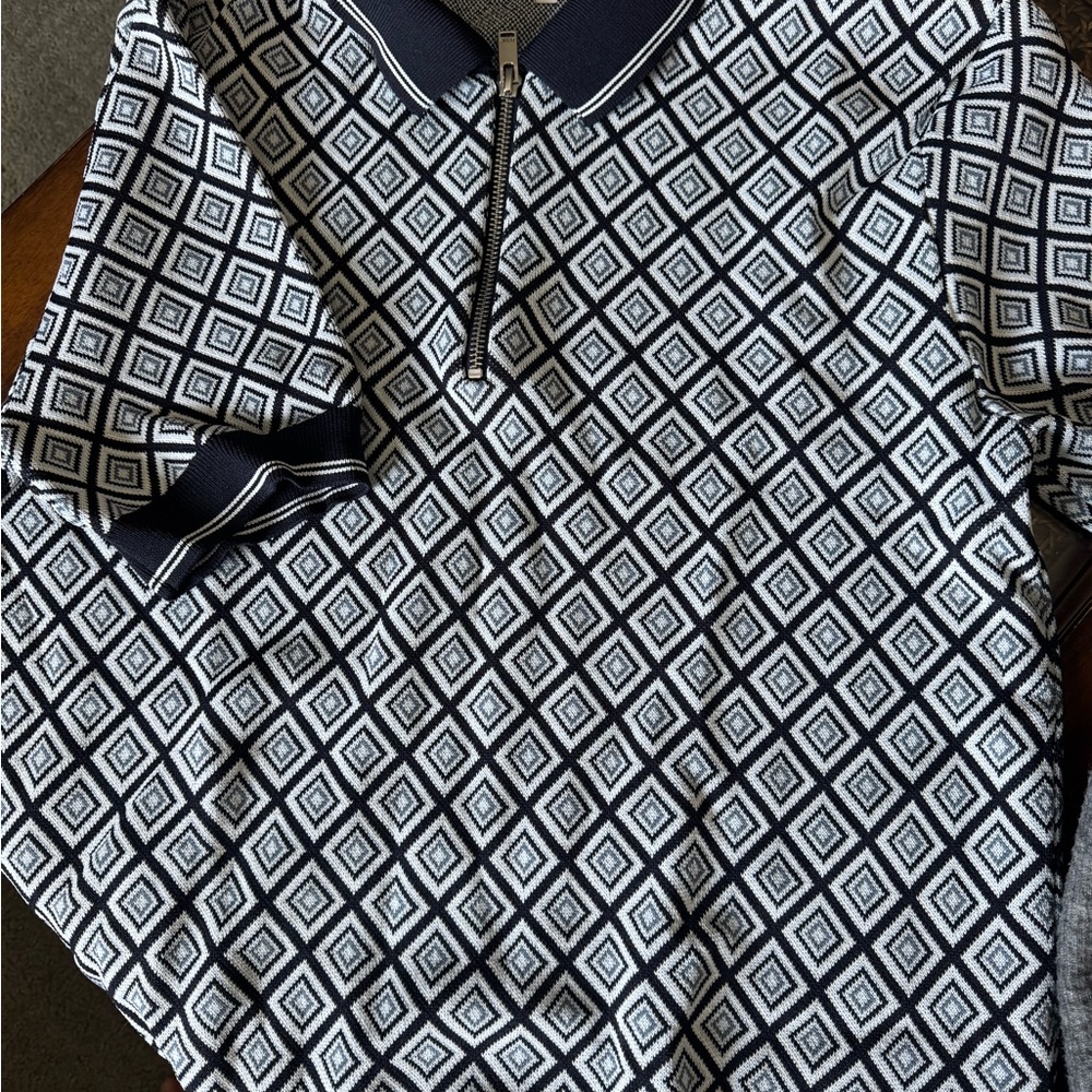 Men's Navy & White Diamond Knit Polo Sweater